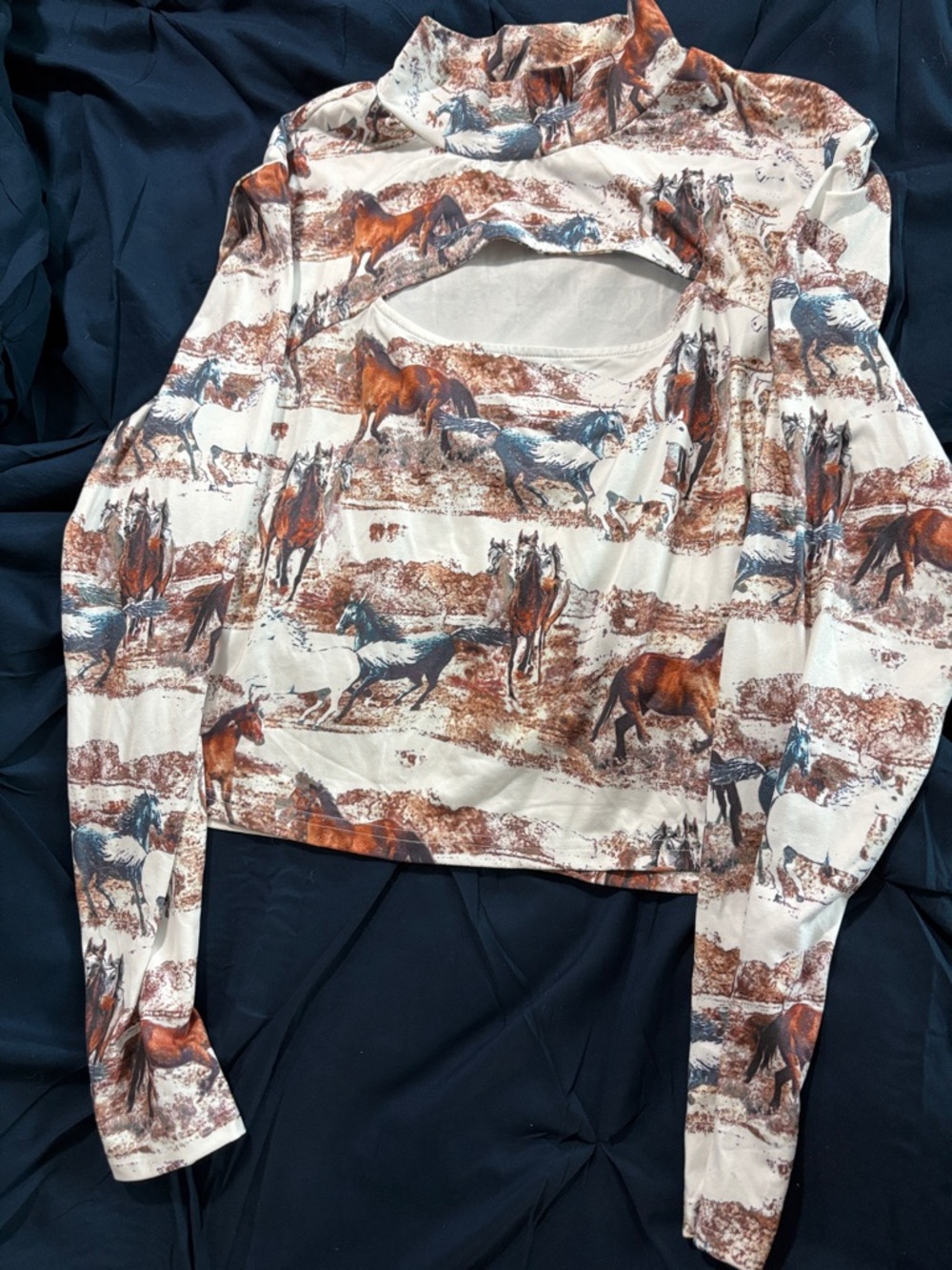 Horse Print Cutout Long Sleeve Top - Multi Brown/Blue
